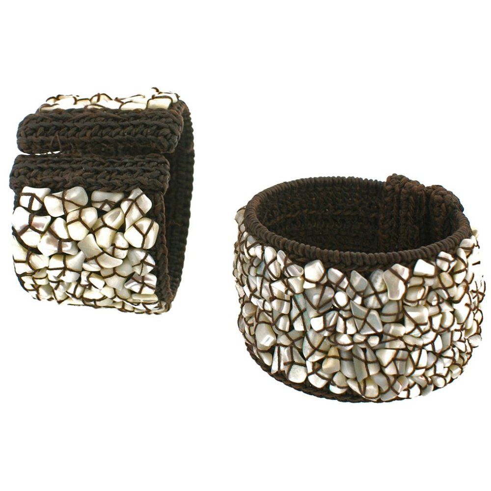 POSEIDON MOTHER OF PEARL SEWN ONTO BROWN WOVEN CUFF.. WHITE